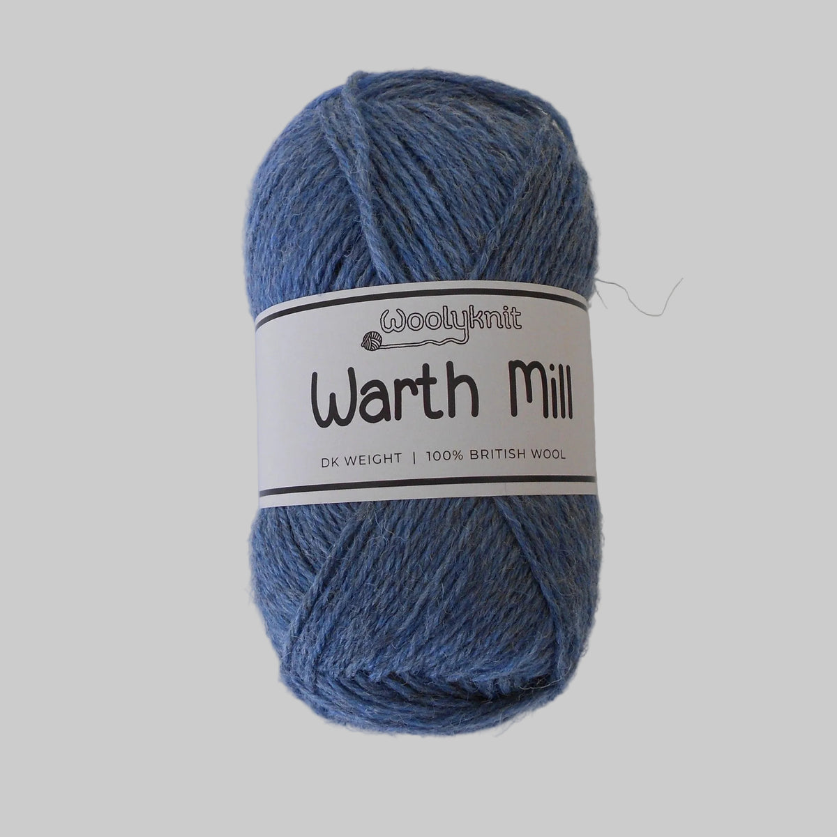 A 100g ball of blue 100% British Wool by Woolyknit.
