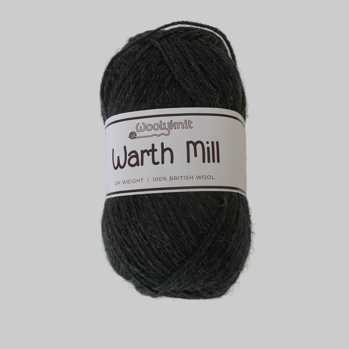 A skein of Woolyknit Warth Mill 100% British Wool in Loden Green, a deep forest green colour