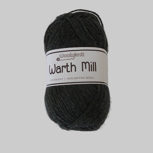 A skein of Woolyknit Warth Mill 100% British Wool in Loden Green, a deep forest green colour