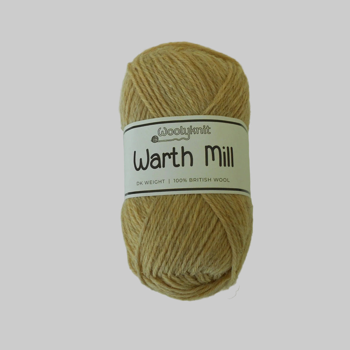 A ball of Woolyknit Warth Mill DK weight 100% British Wool in a light beige