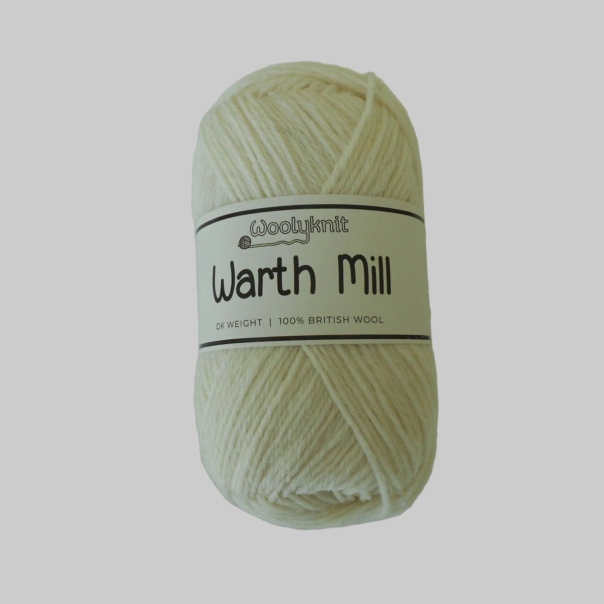 A ball of Woolyknit Warth Mill DK weight 100% British Wool in a natural aran colour.